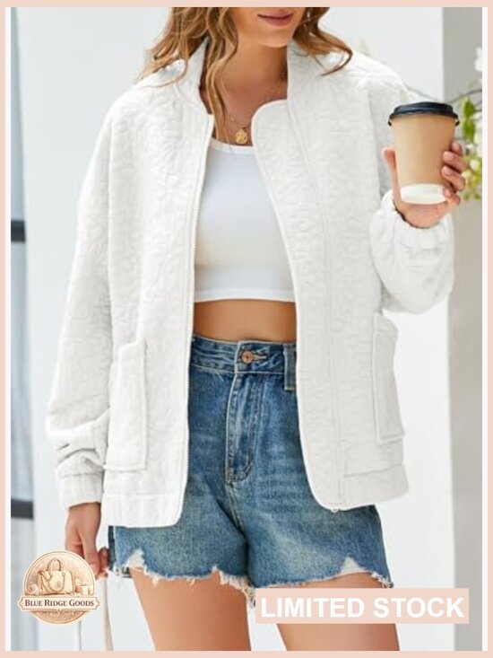 Lightweight Jacquard Bomber Jacket Loose Fit Casual Chic Spring Outerwear - Picture 2 of 7